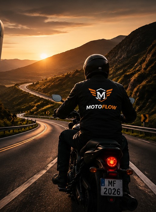 Motociclista pilotando ao entardecer em uma estrada de serra